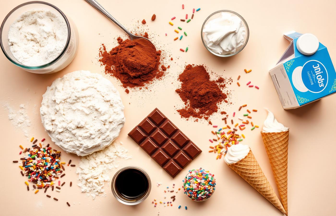Bakery raw materials including flour, cocoa powder, chocolate, cream and ice cream cones